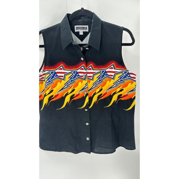 Panhandle Slim Black button up patriotic Star Flames sleeveless top size M - Picture 3 of 8